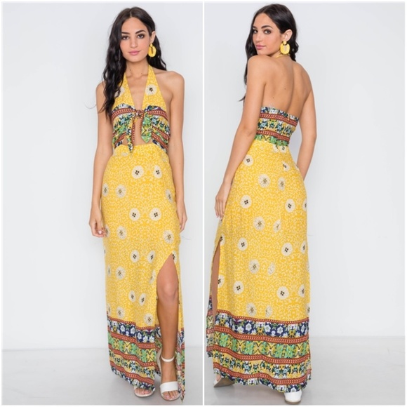 YELLOW FLORAL PAISLEY PRINT SITE SLITS MAXI DRES - Picture 2 of 6